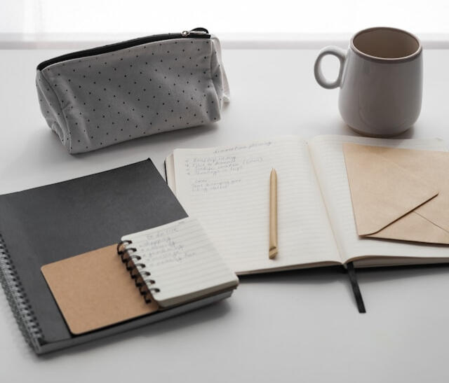 Working with The WhiteCliff Group a desktop layout with notebooks, coffee mug, and pencil case